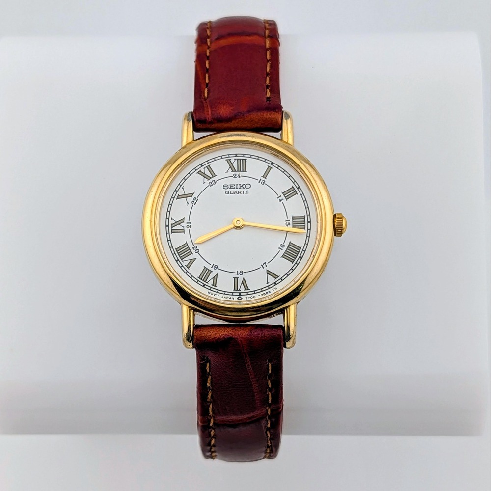 Seiko Quartz 2Y00-0A50 Roman Numeral Gold-Tone Women's Watch 24mm Leather Strap
